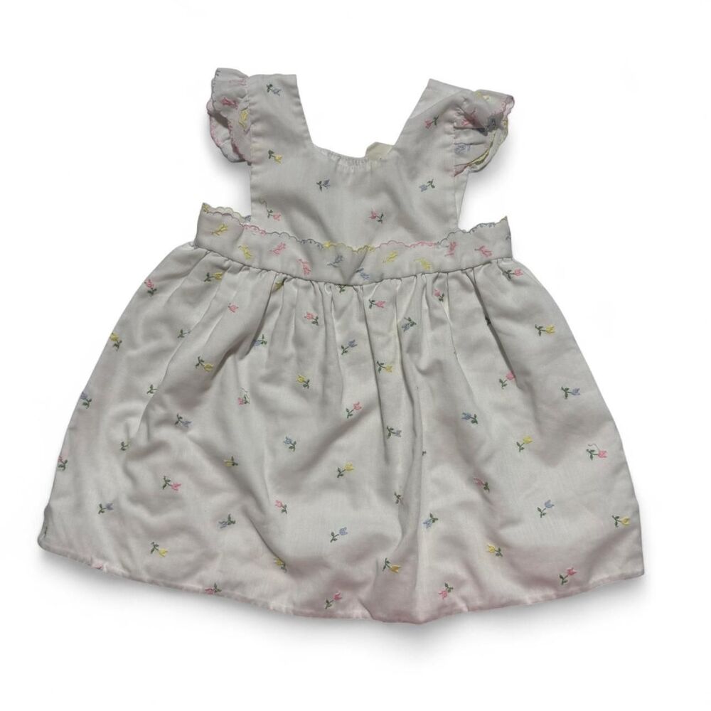 Vintage Leatogs Embroidered Pastel Floral Scalloped Pinafore Dress 2T